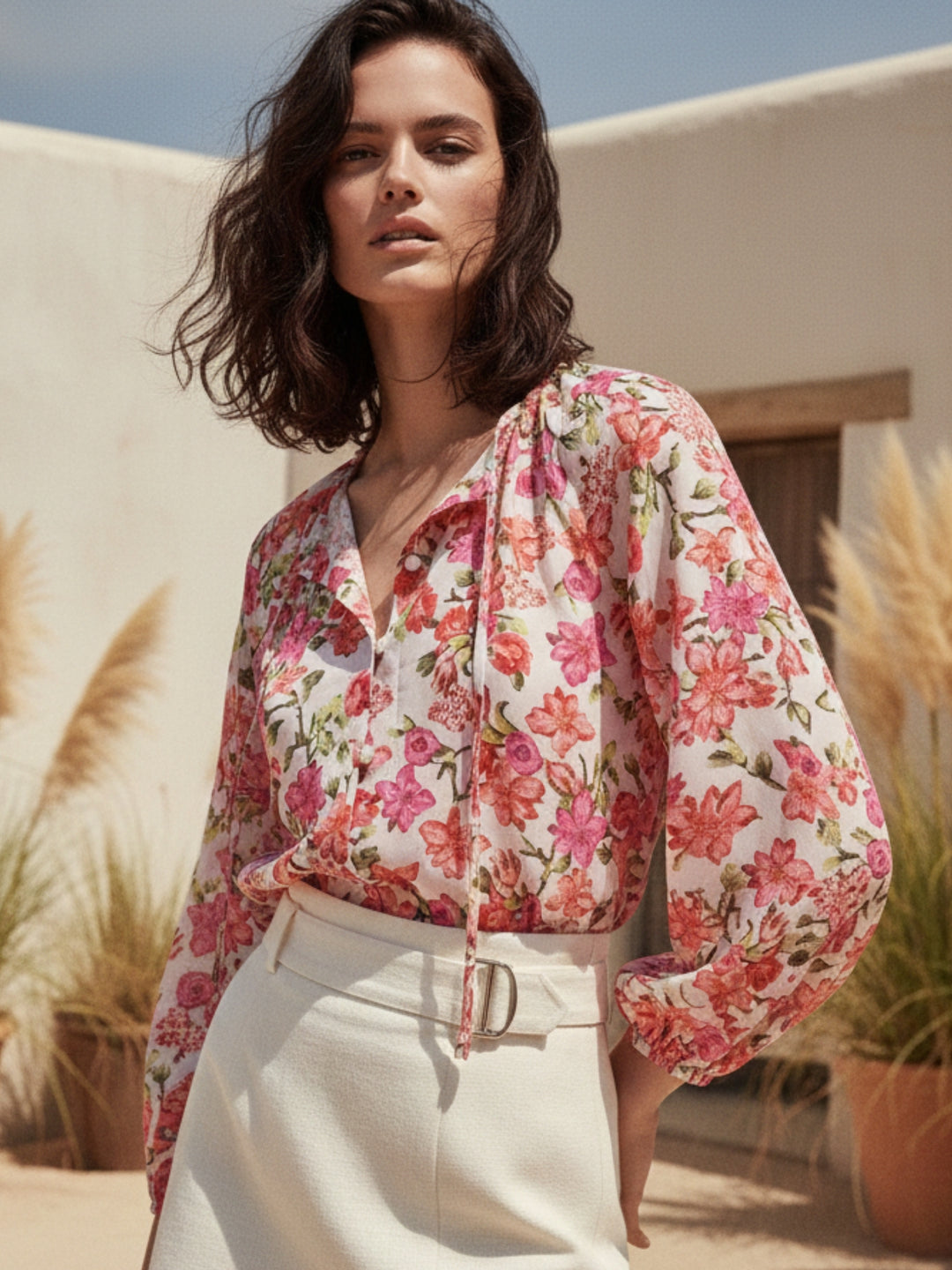 Multi High Neck Printed Tie Up Top