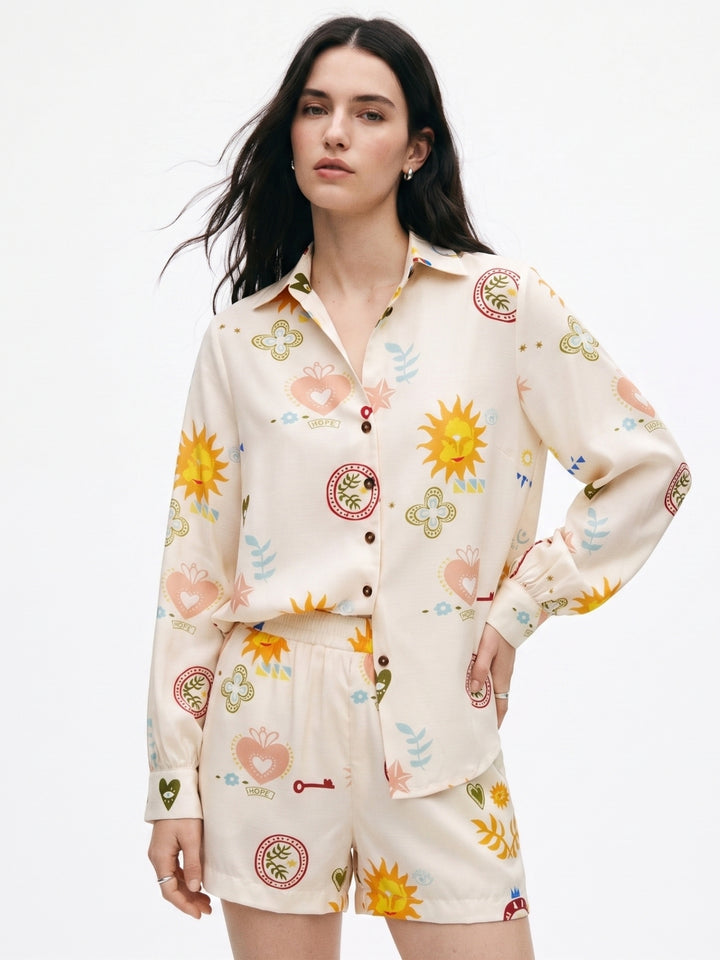 White Printed Shirt And Shorts Set