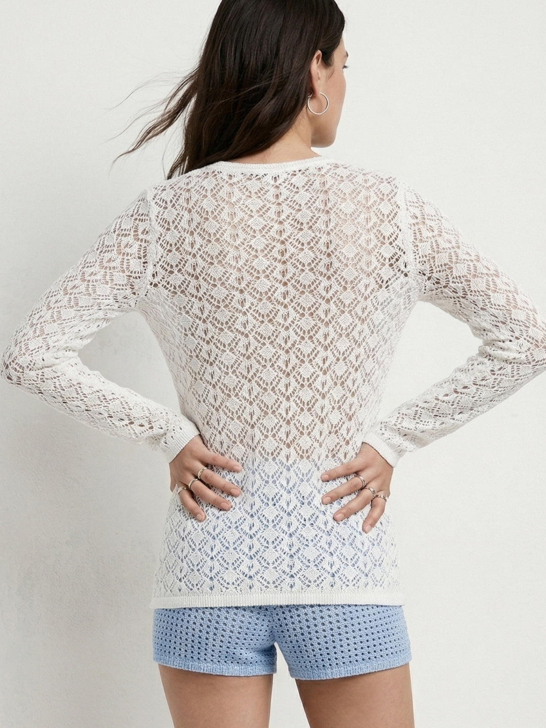 White Full Sleeve Crochet Front Buttoned Top