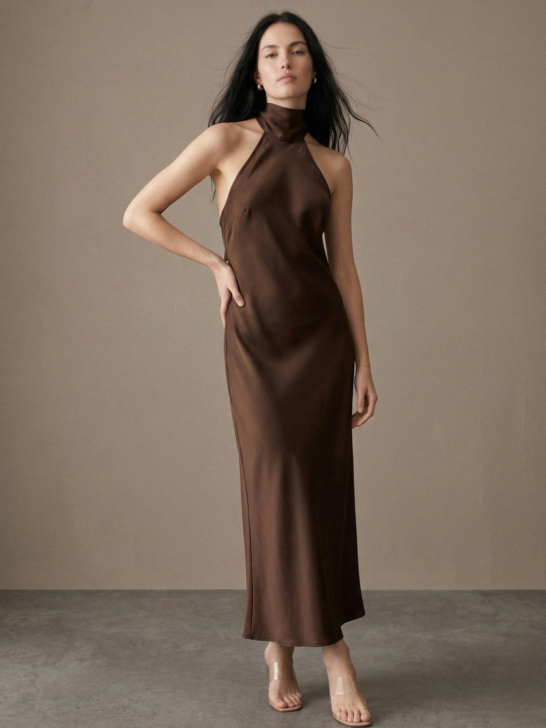 Brown Halterneck Midi Dress