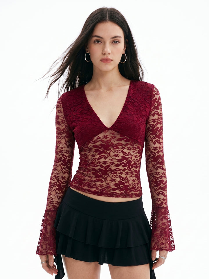 Maroon Bell Sleeve V Neck Lace Top