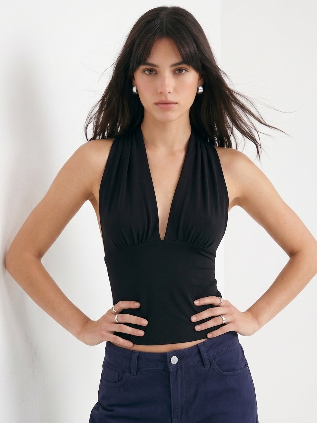 Black Halter Neck Waist Tie-Up Top
