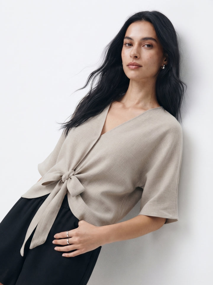 Tan Waist Tie-Up Relaxed Top