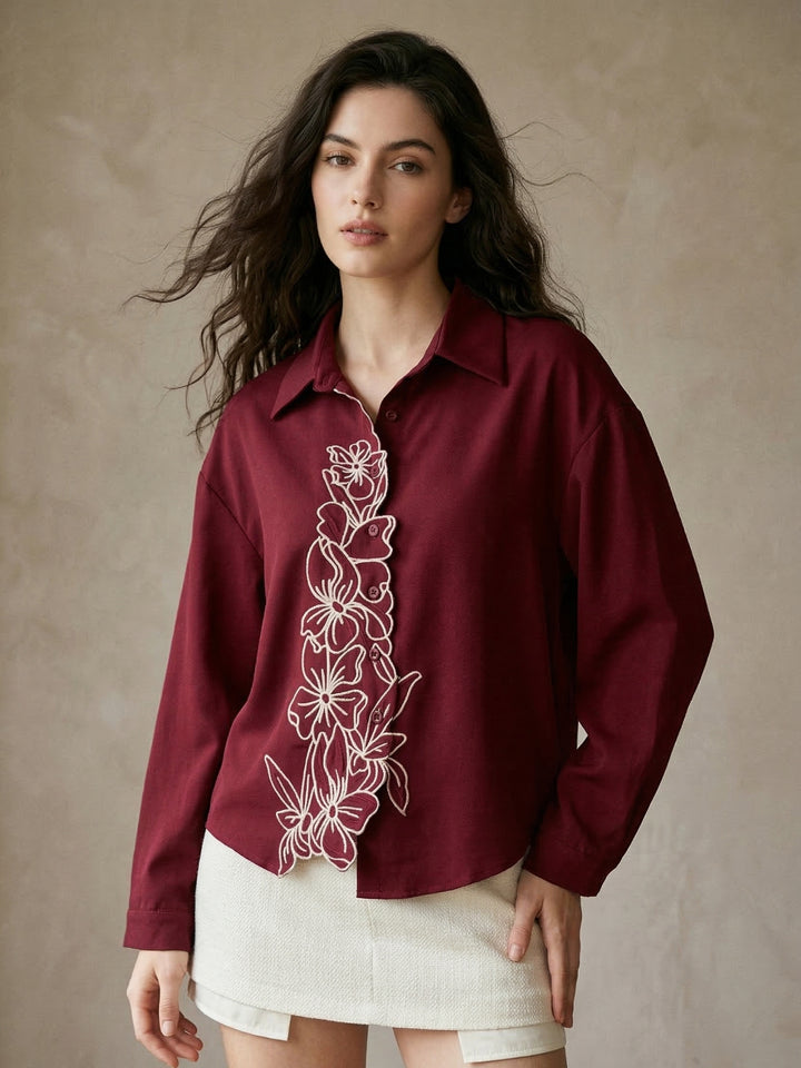 Maroon Flower Appliqued Front Buttoned Shirt