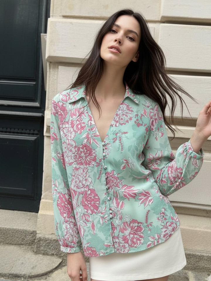 Green Floral Printed Button Down Shirt