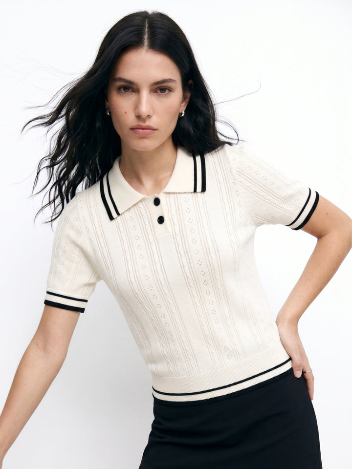 White Contrast Striped Half Button Down Polo Top