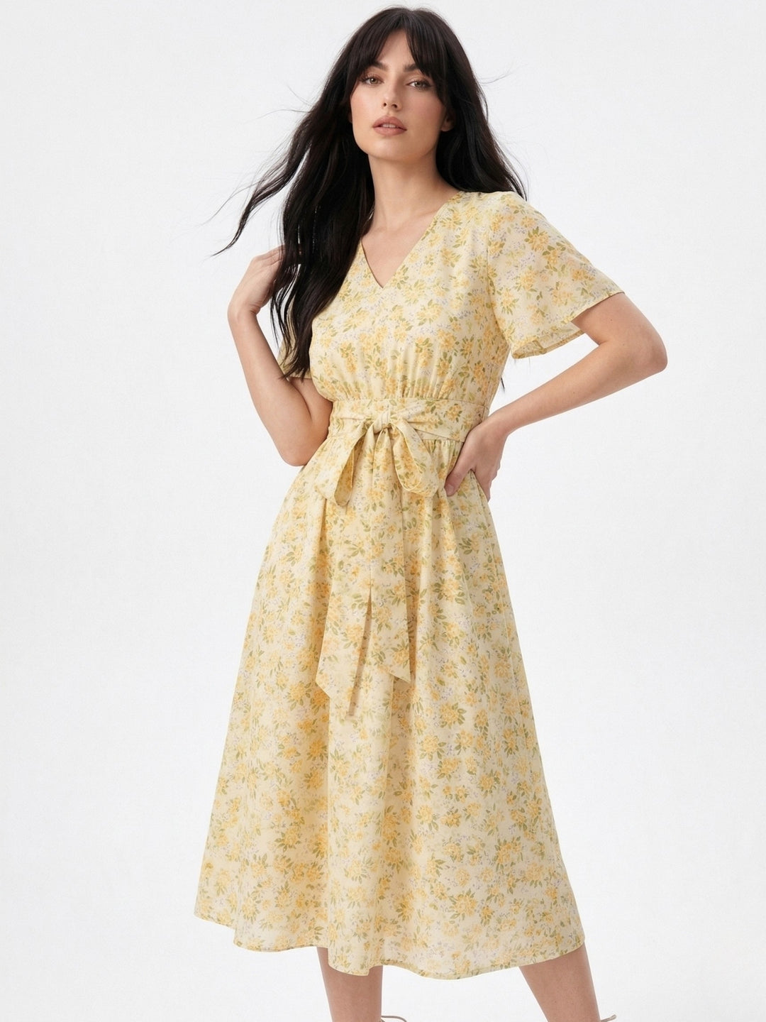 Multi Flare Sleeve Waist Tie-Up Printed Dress