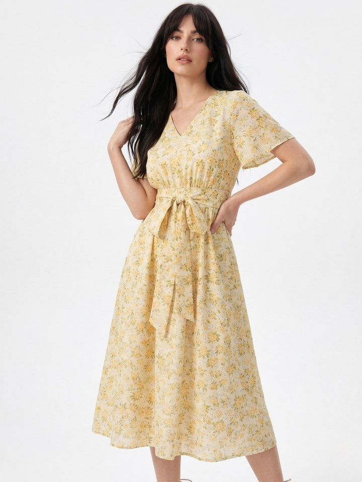 Multi Flare Sleeve Waist Tie-Up Printed Dress