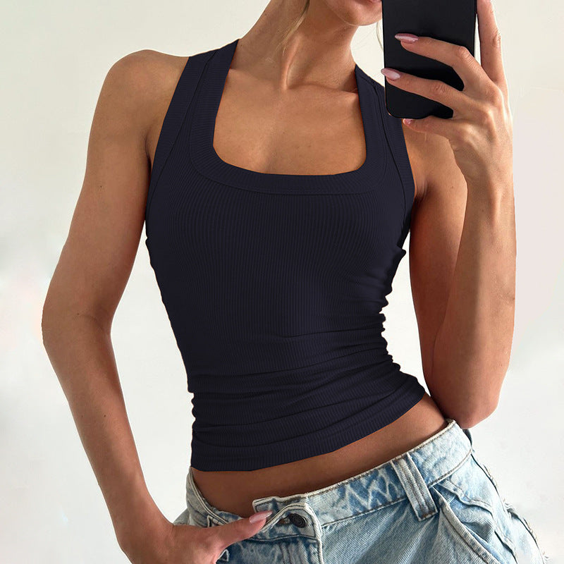 Navy Blue Ribbed Sleeveless Tank Top