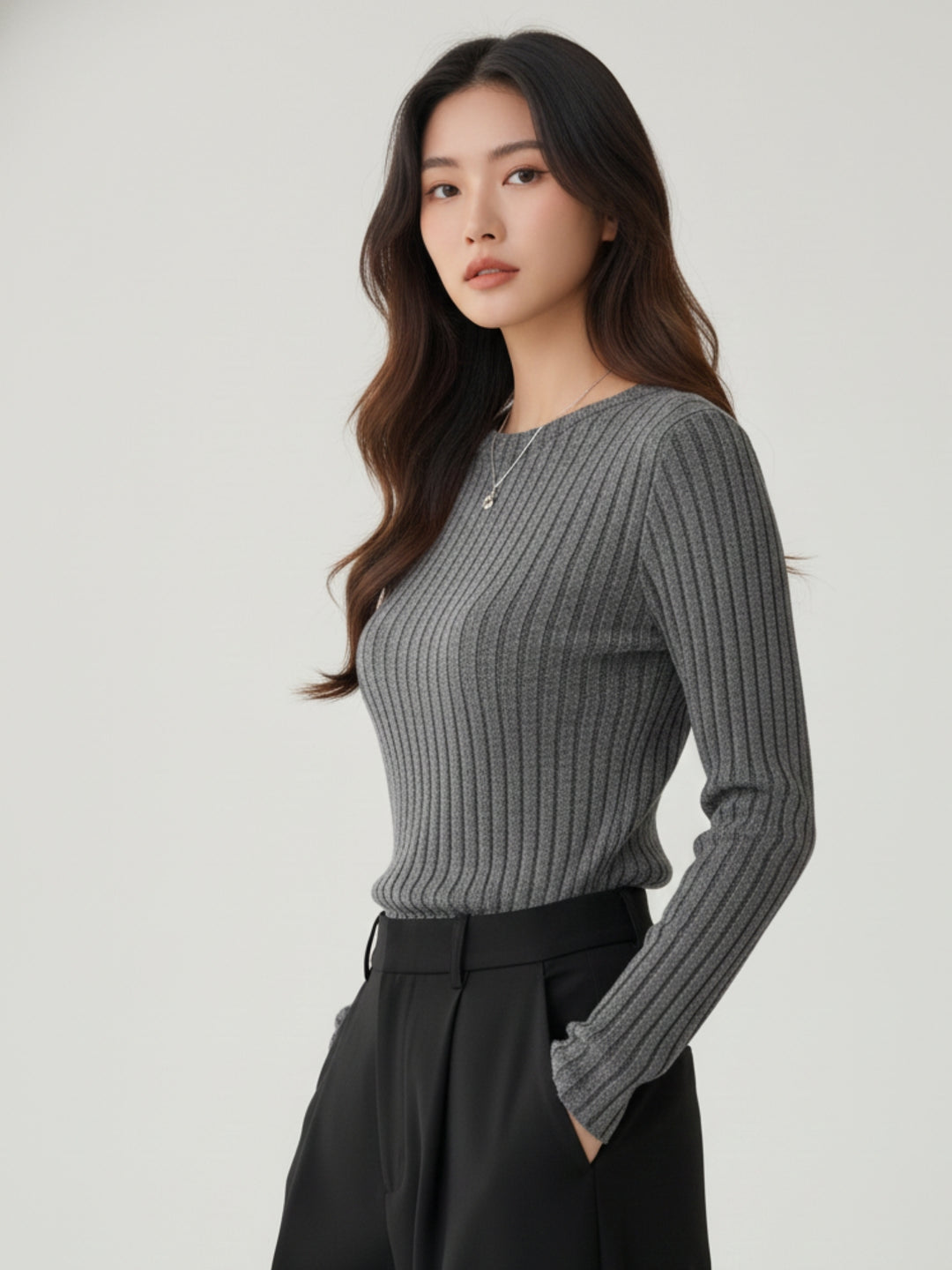 Charcoal Full Sleeve Crew Neck Fitted Top