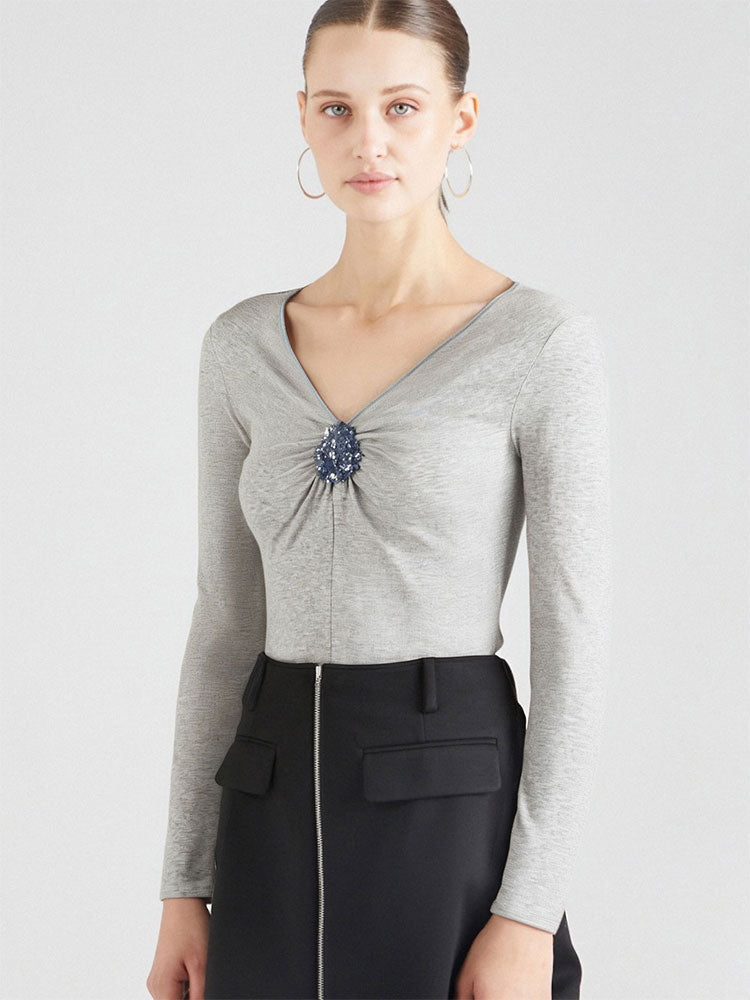 Grey Corsage V Neck Full Sleeves Fitted Top