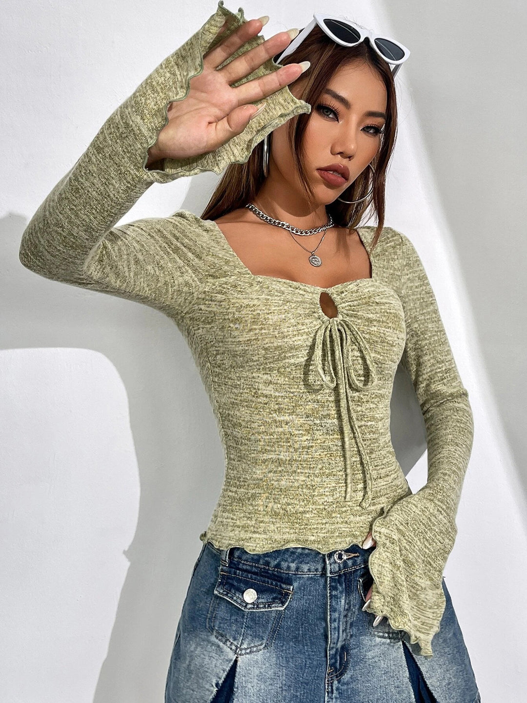 Green Flutter Sleeve Full Sleeve Top