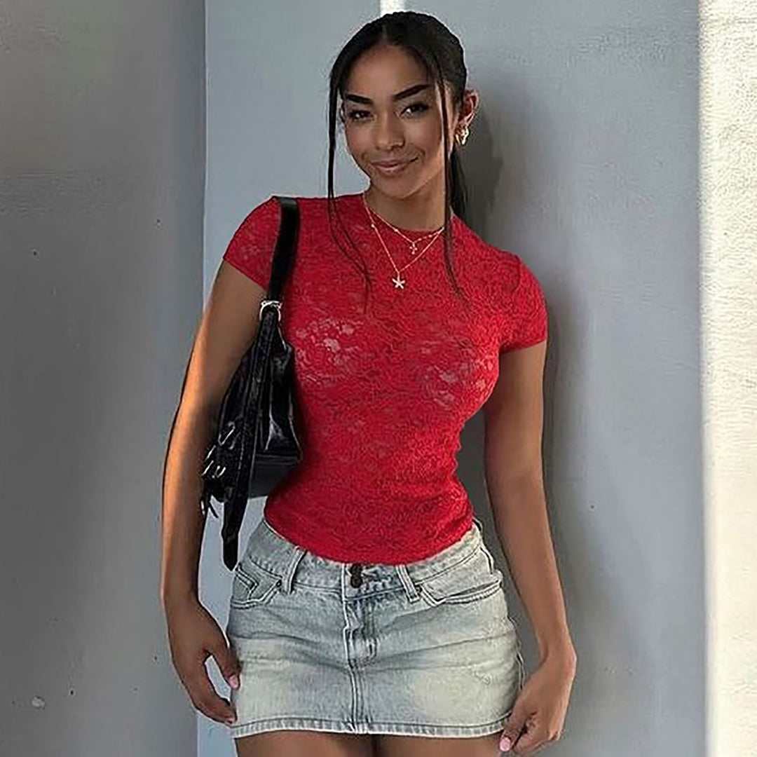 Red See Through Lace Top