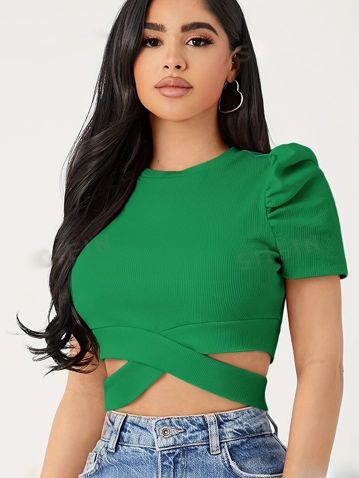 Green Puff Sleeved Criss Cross Buttom Top