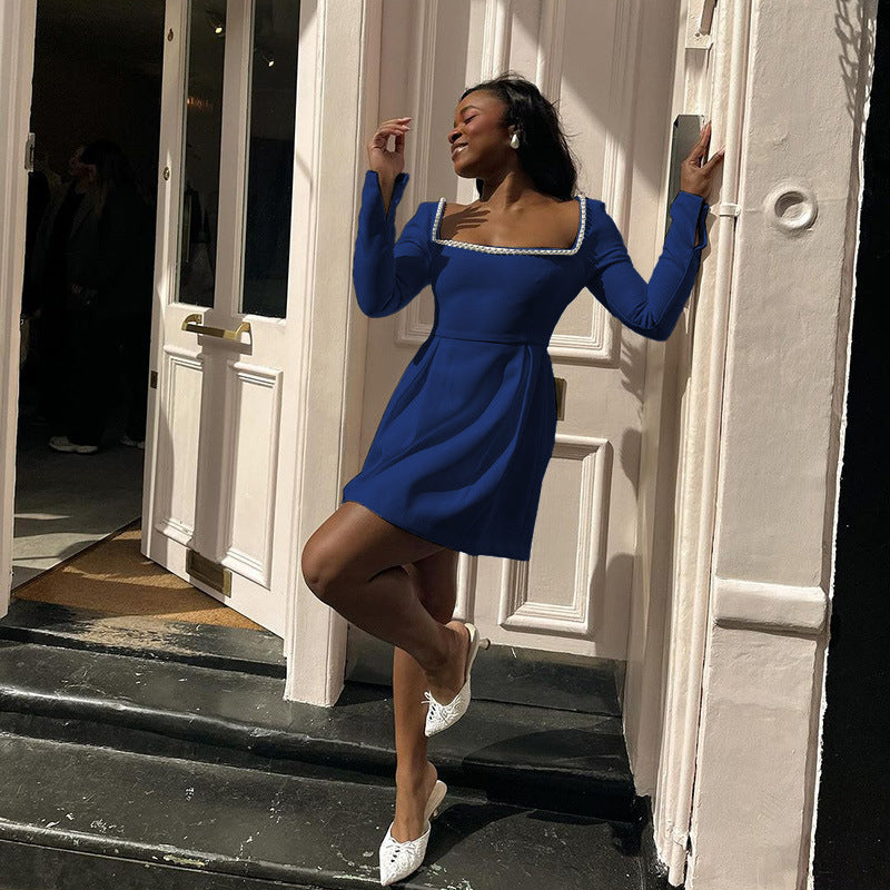 Blue Square Neck With Pearl Details Skater Dress