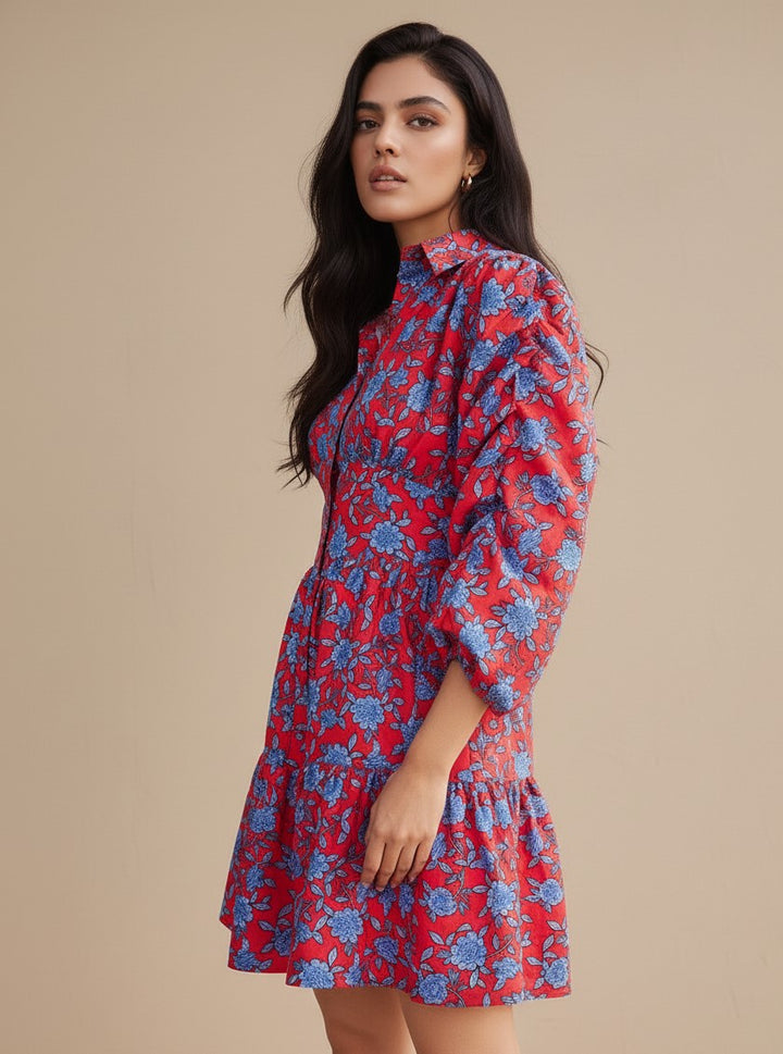 Red Printed Collared Neck Dress