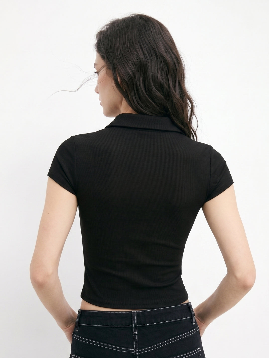 Black Short Sleeve Keyhole Buttoned Detail Top