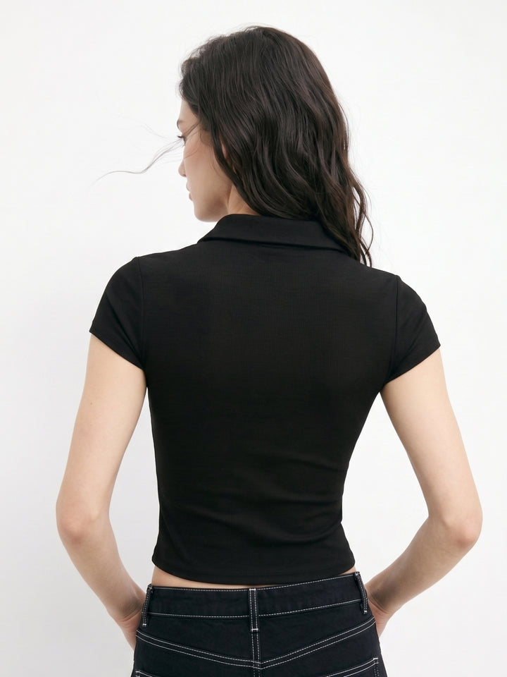 Black Short Sleeve Keyhole Buttoned Detail Top