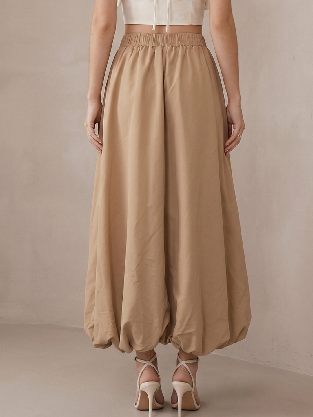 Beige High Waisted Box Pleated Skirt