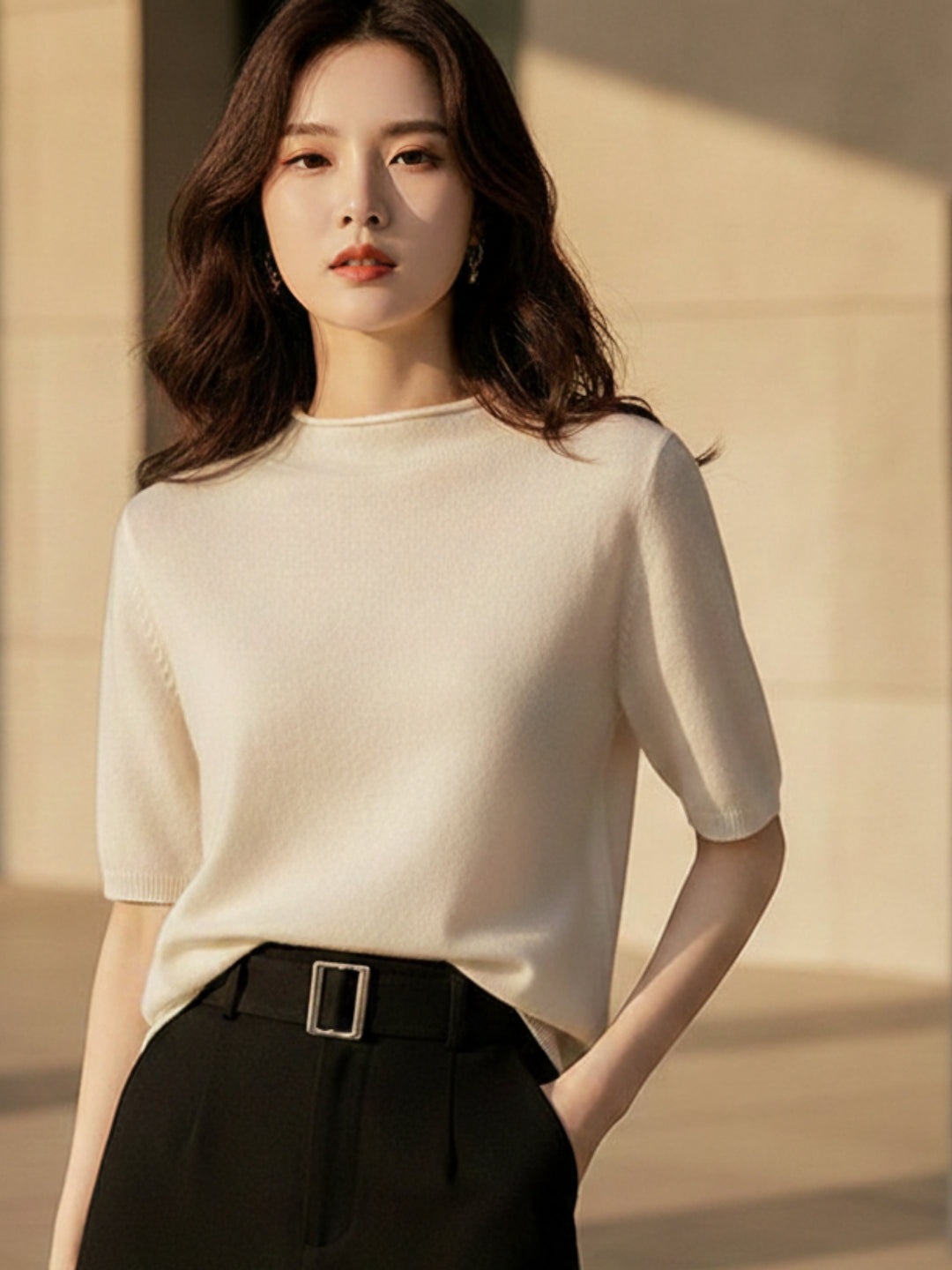 Cream Short Sleeve Mock Neck Relaxed Top
