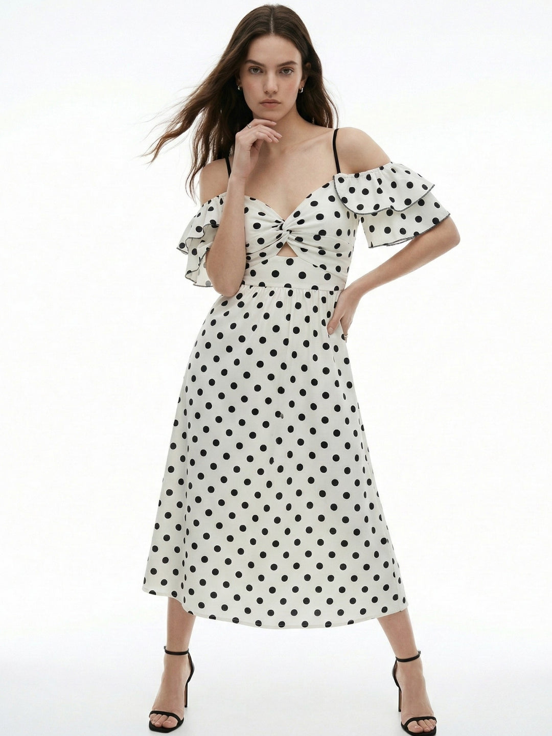 White Cold Shoulder Polka Dotted Midi