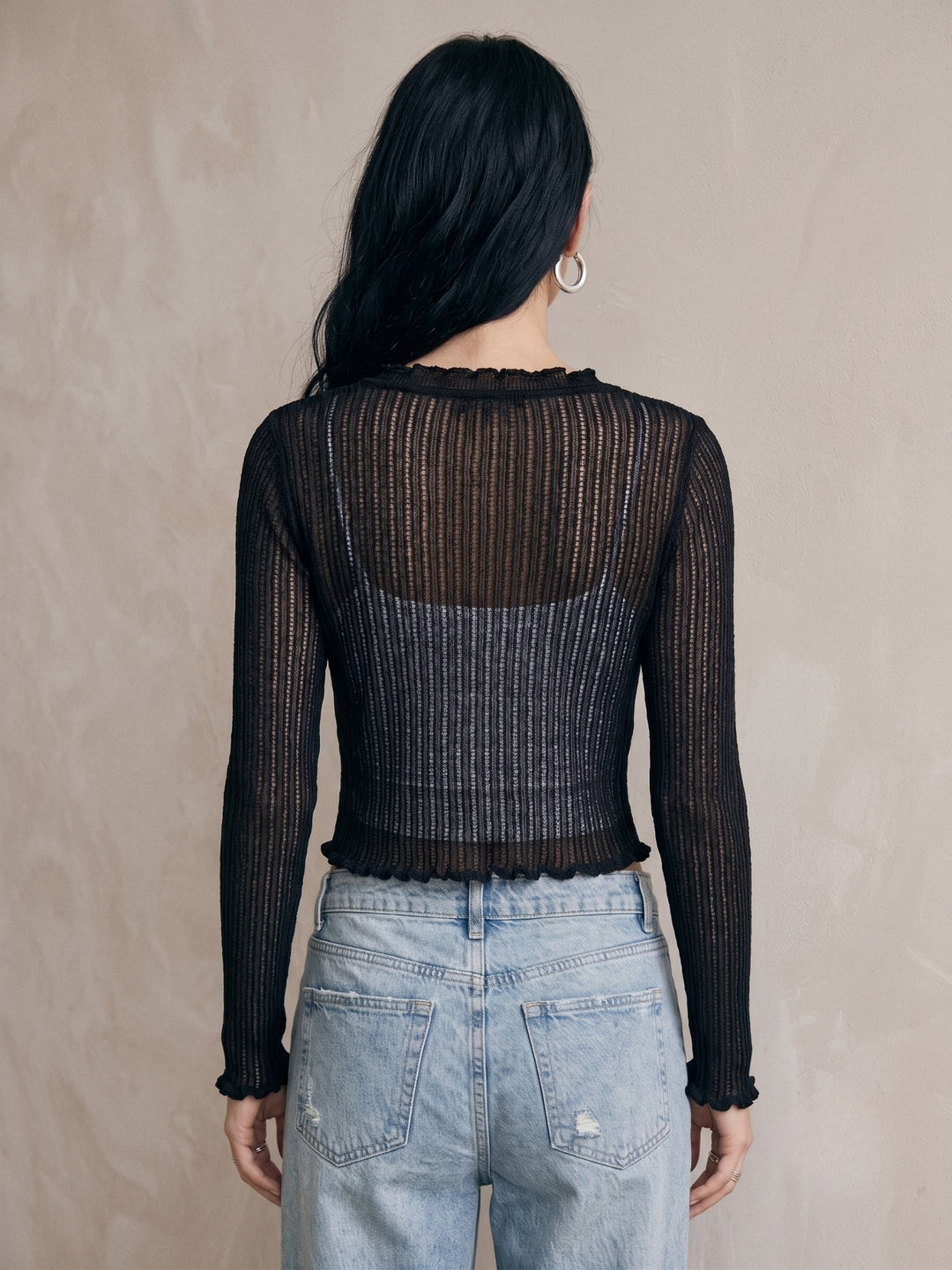 Black Ribbed Textured Front Tie Up Shrug Top