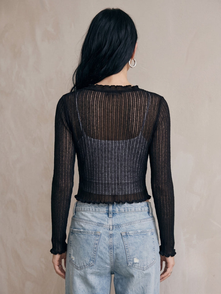 Black Ribbed Textured Front Tie Up Shrug Top