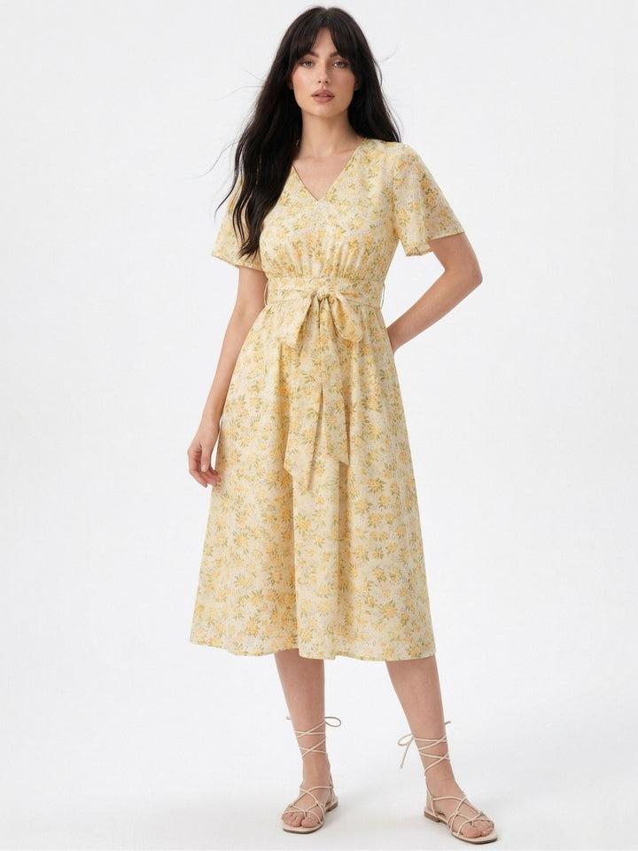 Multi Flare Sleeve Waist Tie-Up Printed Dress