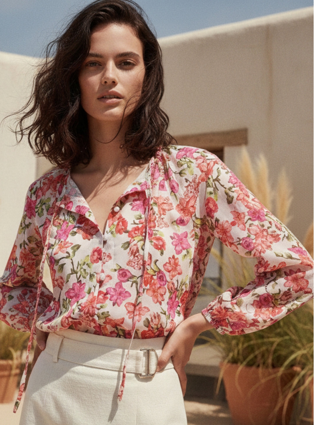 Multi High Neck Printed Tie Up Top