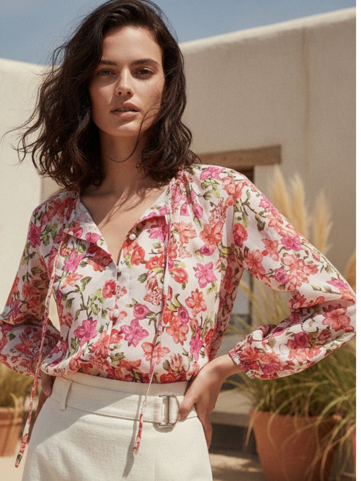 Multi High Neck Printed Tie Up Top