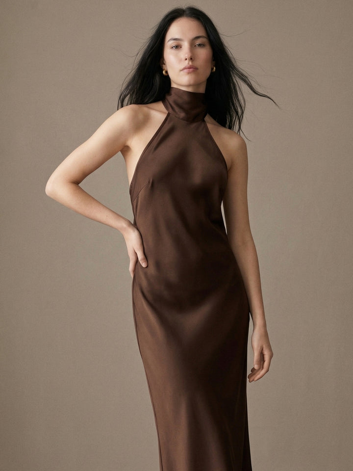 Brown Halterneck Midi Dress