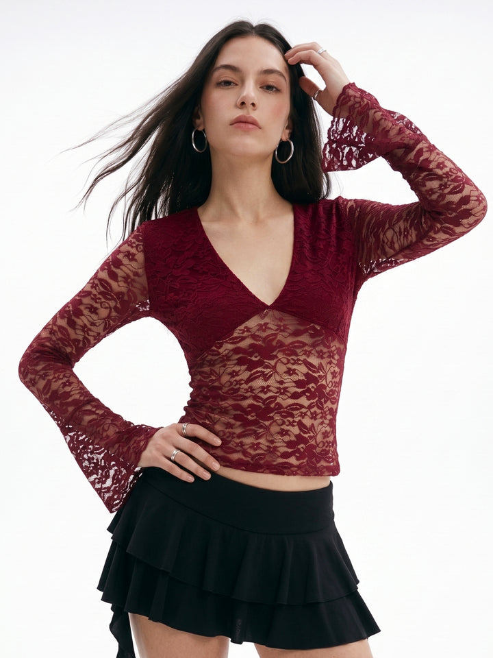 Maroon Bell Sleeve V Neck Lace Top