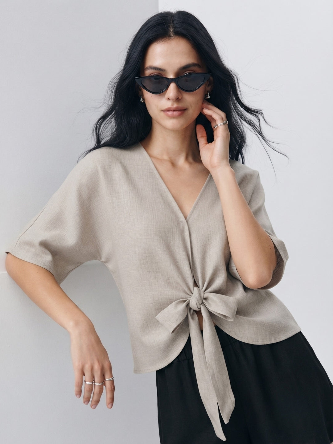 Tan Waist Tie-Up Relaxed Top