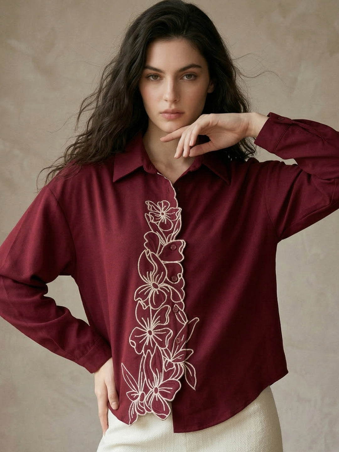 Maroon Flower Appliqued Front Buttoned Shirt