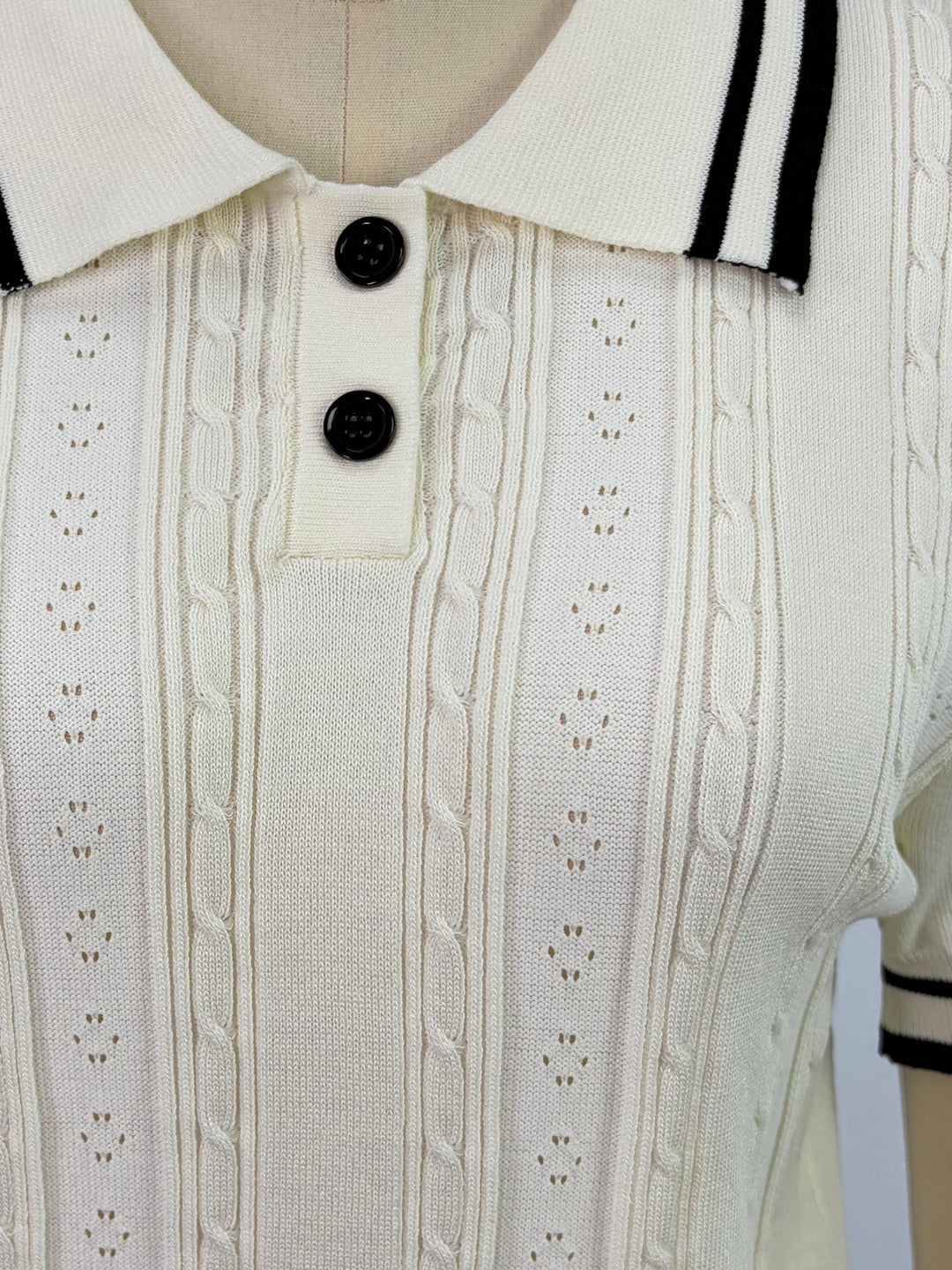 White Contrast Striped Half Button Down Polo Top