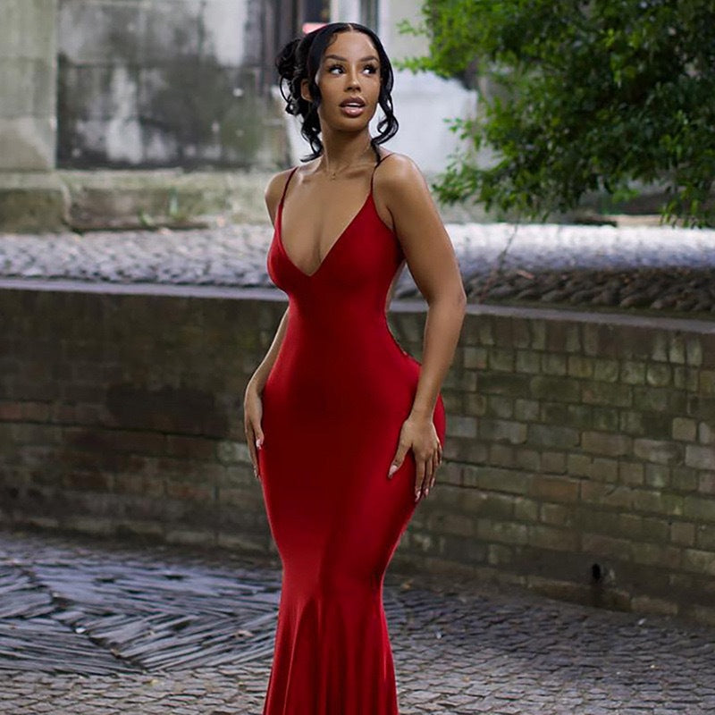 Red V-Neck Shoulder Strap Dress