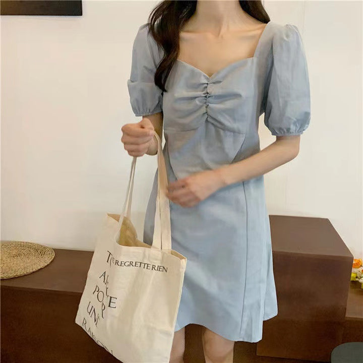 Blue Bust Ruching Puff Sleeve Mini Dress