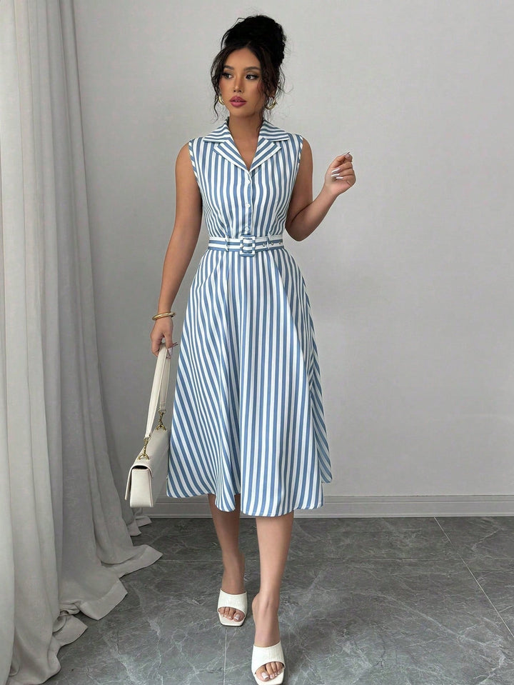 Blue Sleeveless Collared Belted Dress