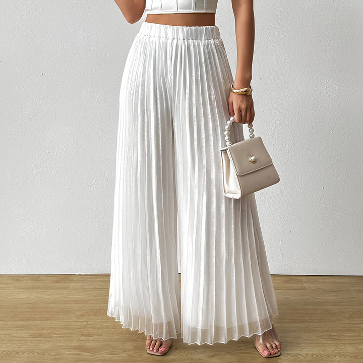 White Solid Wide Leg Pleated Trouser
