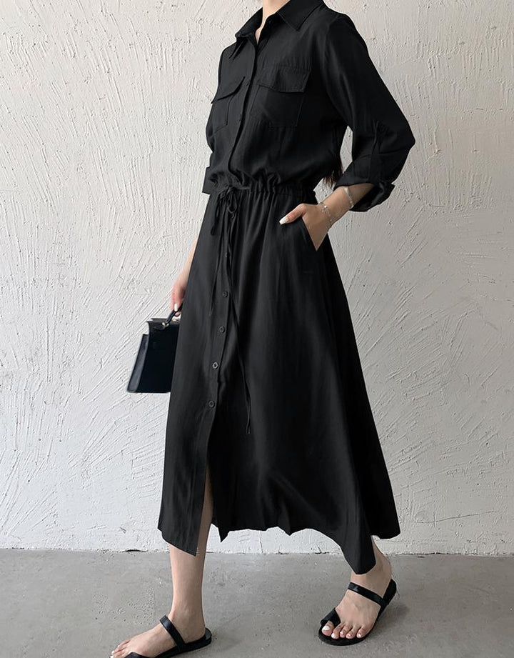 Black Three- Fourth Sleeve Collared Neck Dress