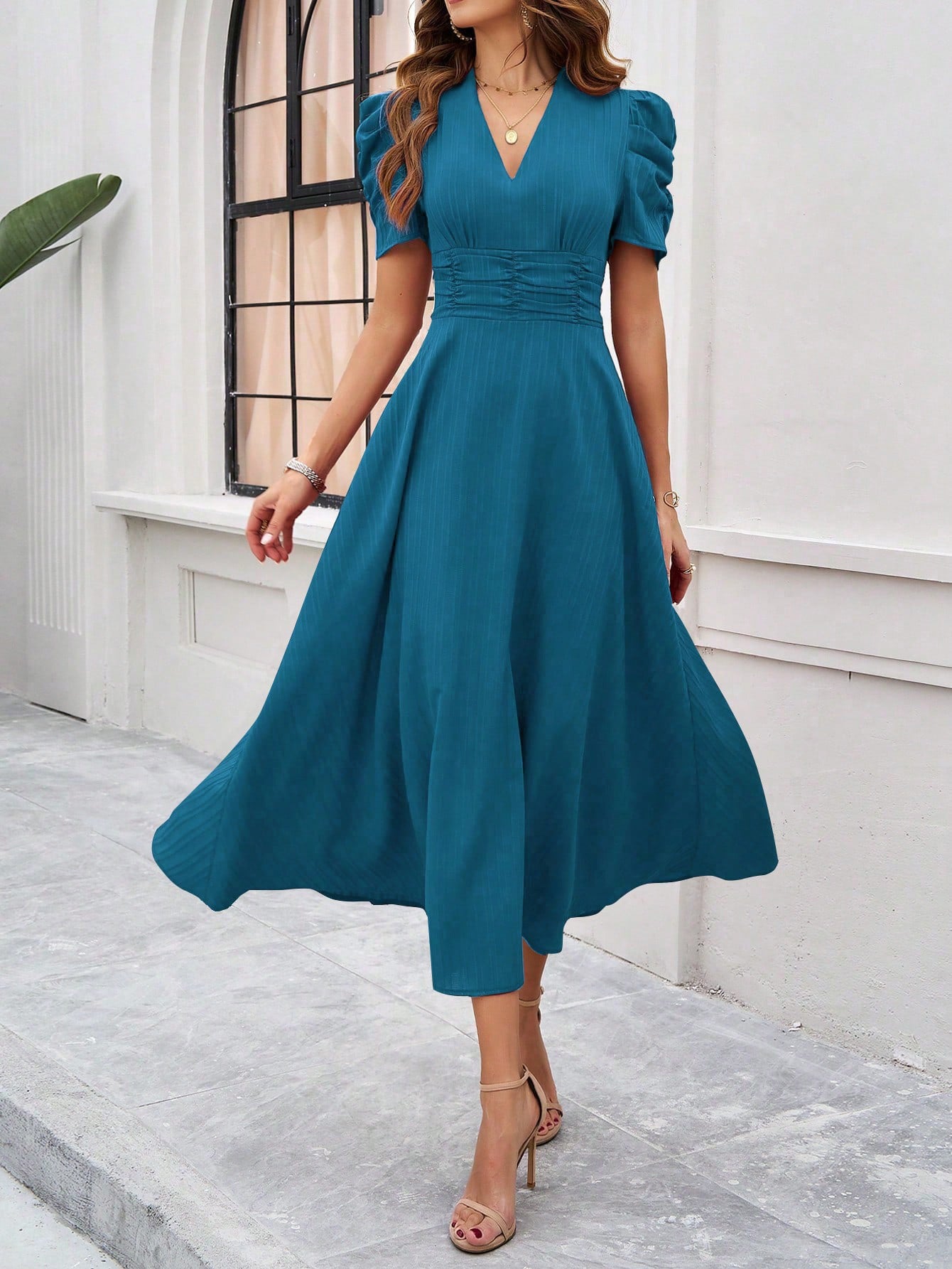 Teal Fit And Flare Midi Dress