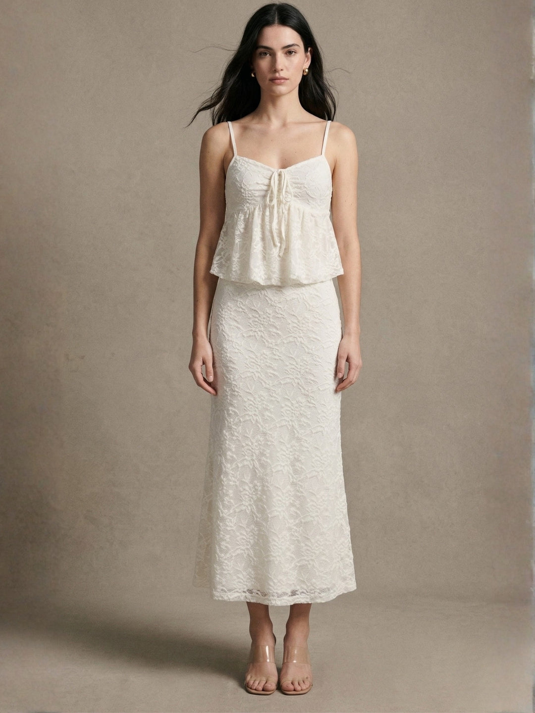 Cream Lace Camisole Top With Skirt Co-Ord Set