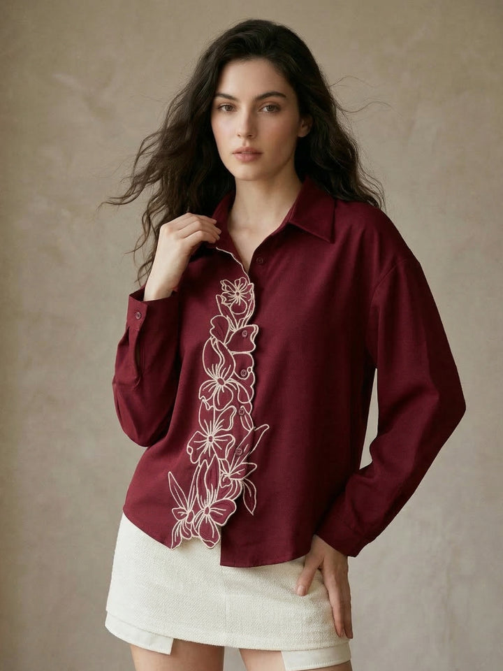 Maroon Flower Appliqued Front Buttoned Shirt