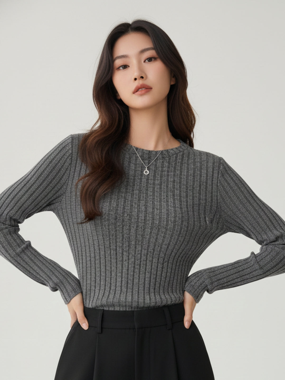 Charcoal Full Sleeve Crew Neck Fitted Top