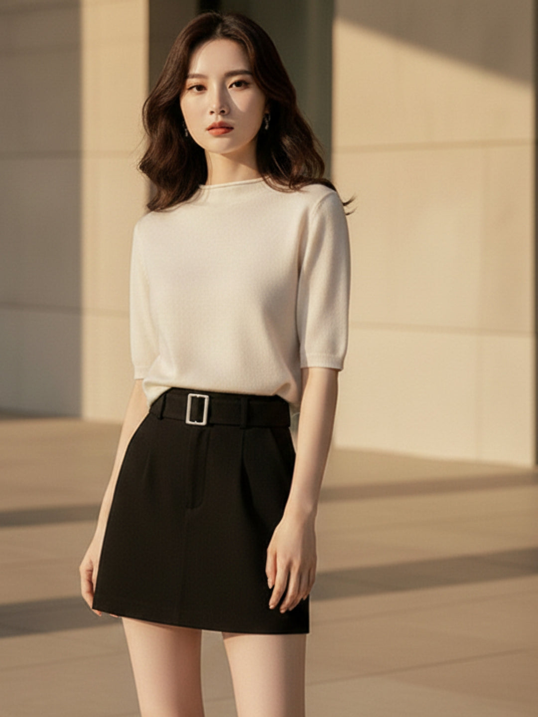 Cream Short Sleeve Mock Neck Relaxed Top