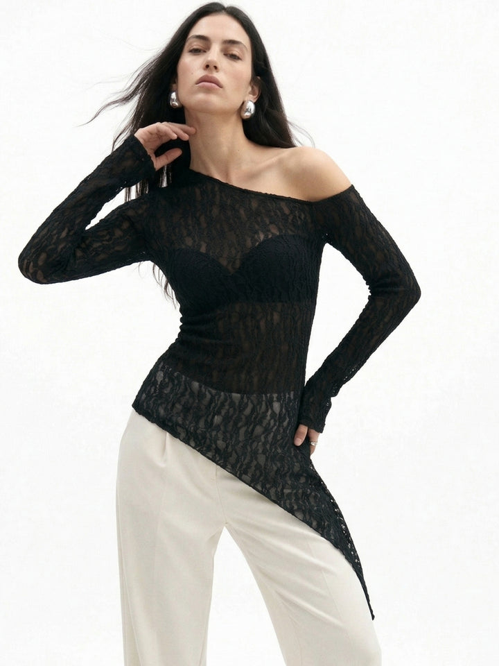 Black One Shoulder Sheer Asymmetrical Hem Top