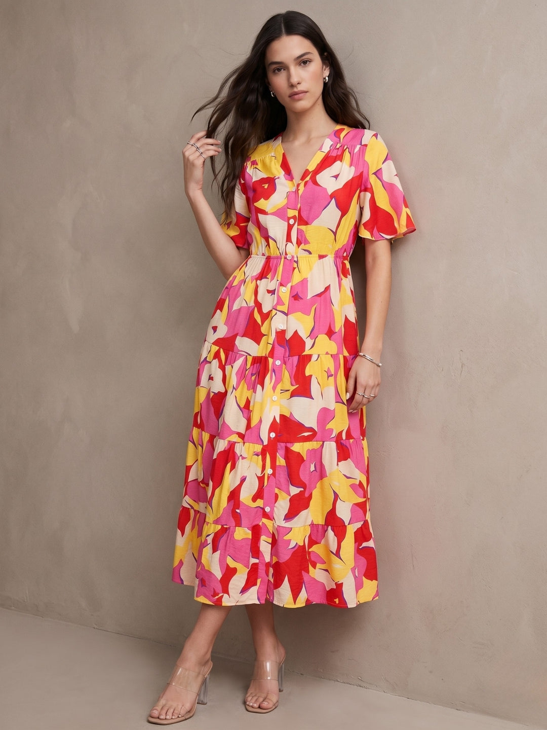 Multi Short Sleeve Waist Belted Dress