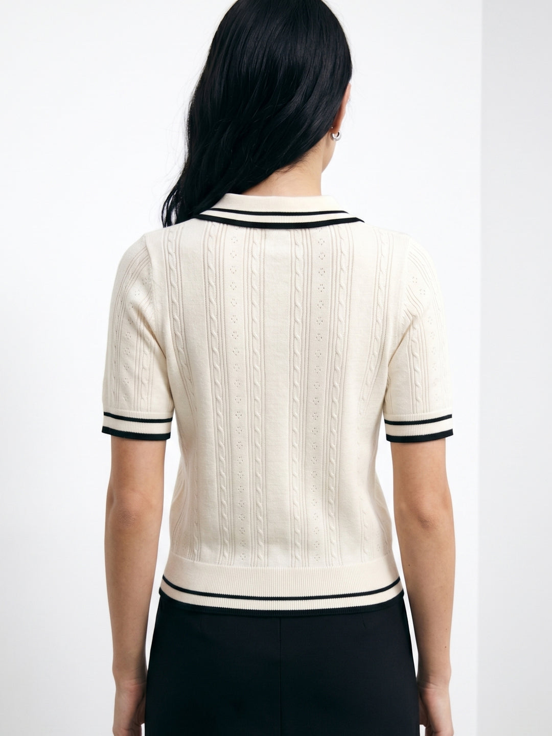 White Contrast Striped Half Button Down Polo Top