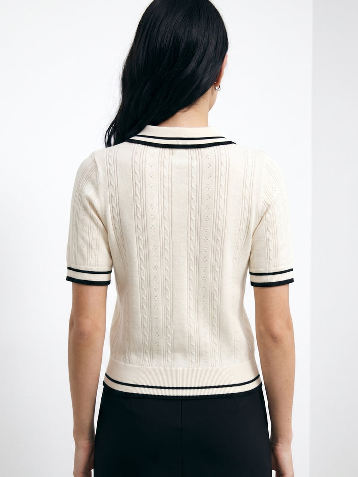 White Contrast Striped Half Button Down Polo Top