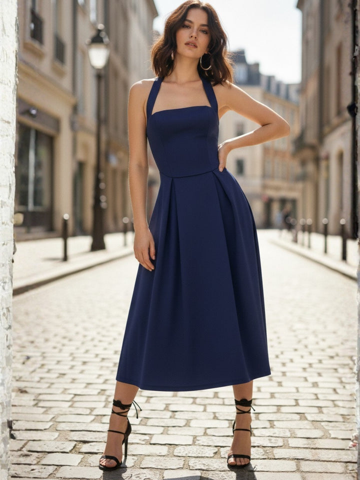 Navy Blue Halter Neck Fit & Flare Dress
